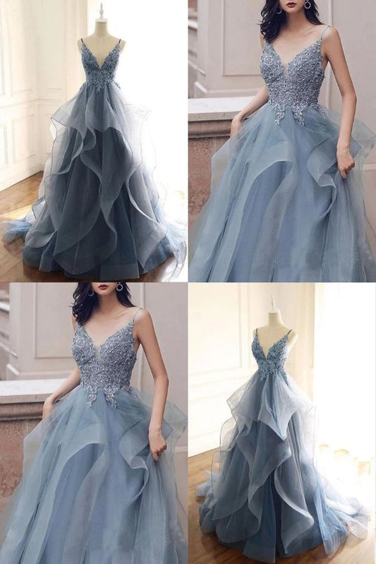 A-line V-neck Tulle Appliques Long Prom Dress Formal Evening Gowns  cg7963