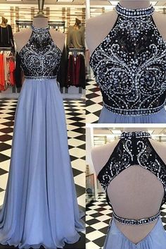 Charming Prom Dress, Black and Blue Prom Dress, Halter Prom Dress, Beads Top Sleeveless Open Back Evening Gown Formal Prom Dress  cg7966