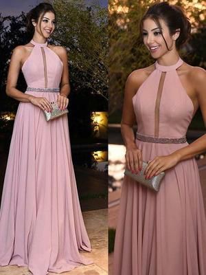 Generous Pink Prom Dress, Round Neck Long Party Dress, Chiffon Evening Dress cg798