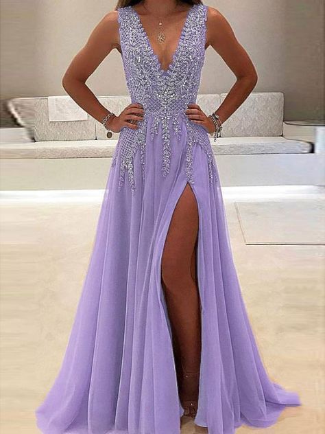 A-line V-neck Evening Dress with Slit Sexy Shiny Rhinestone Long Prom Dresses   cg7990