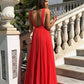 Red A Line V Neck Floor Length Pleated Chiffon Long Prom Dresses  cg7992