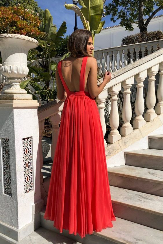 Red A Line V Neck Floor Length Pleated Chiffon Long Prom Dresses  cg7992