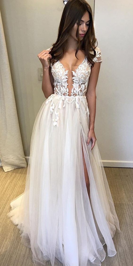 Cap Sleeve Deep V-neck Prom Dress With Appliques Sexy Split Wedding Dr ...