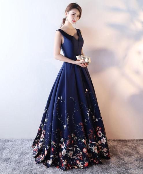 Navy Blue Satin and Floral Floor Length Party Gowns, Prom Dresses  cg8046