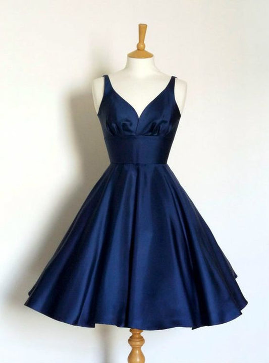 Navy blue Short Fashion Party Dress V neck A Line Dress Backless Homecoming Dresses  cg8102