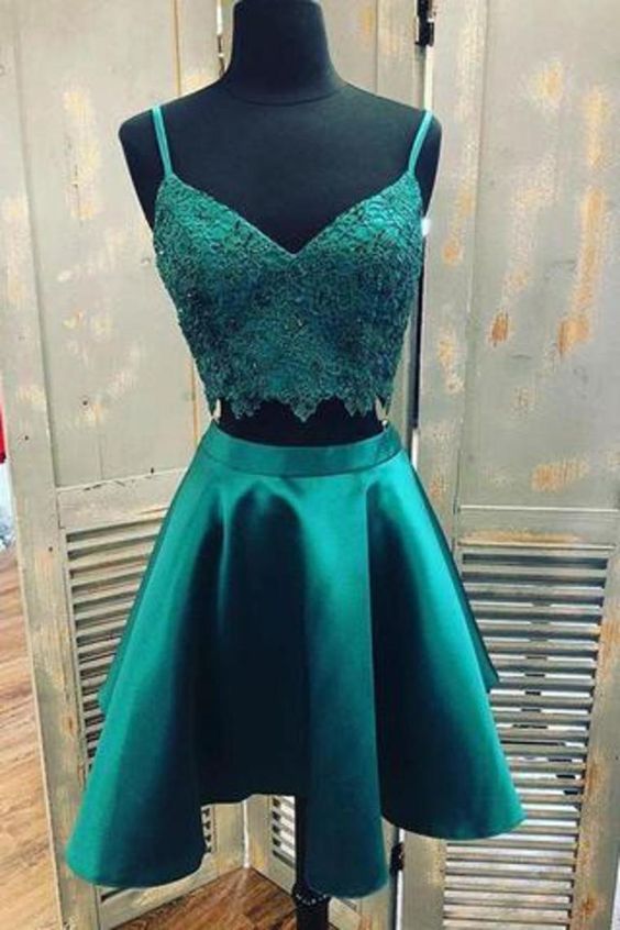 Teal Two Piece Satin Homecoming Dresses With Lace Spaghetti Strap Graduation  cg8105