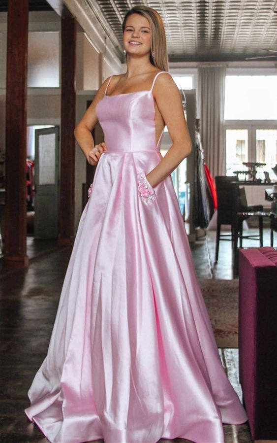 simple pink long prom dresses, formal a line prom dresses, chic prom gowns with pockets  cg8123