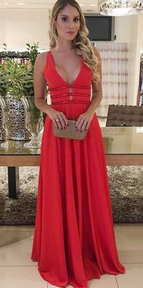 A-Line Deep V-Neck Floor-Length Red Chiffon Backless Prom Dress with Beading  cg8159