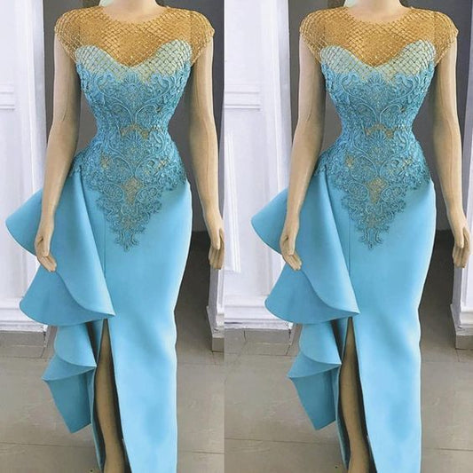 mermaid evening dresses long blue lace applique beads elegant evening gown robe de soiree,prom dress  cg8213