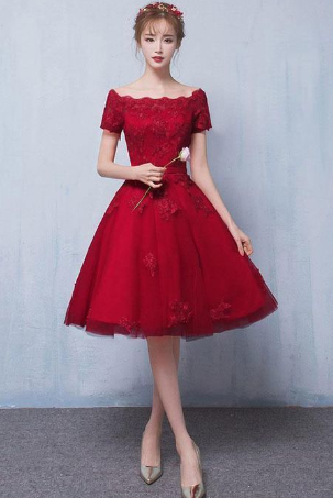 Burgundy tulle lace short dress, burgundy lace homecoming dress cg822