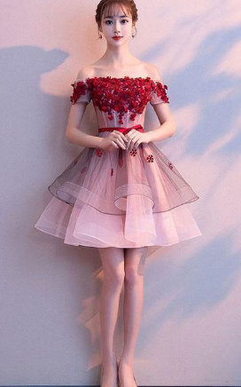Pink tulle lace short dress, pink tulle homecoming dress cg825