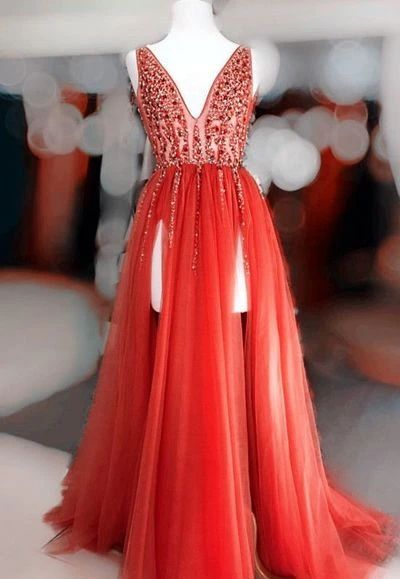 Sexy Slit Prom Dress,Orange Red Evening Dress  cg8257