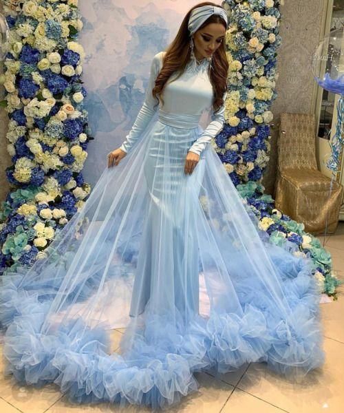 blue prom dresses long sleeve high neck elegant floral tulle cheap prom gown  cg8308