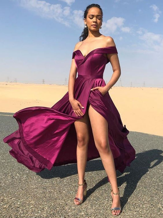 Off Shoulder Purple Long Prom Dresses with High Slit, Off the Shoulder Purple Formal Graduation Evening Dresses with Pockets  cg8317