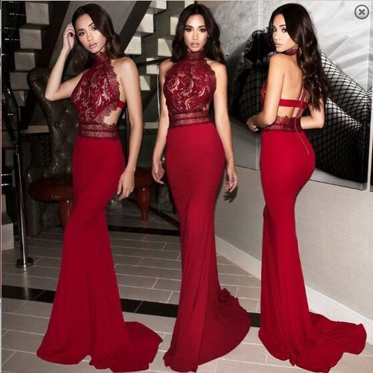 Mermaid High Neck Sweep Train Red Stretch Satin Prom Dress with Lace  cg832