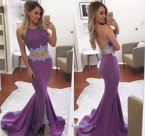 Two Pieces Prom Dresses Jewel Sleeveless Evening Dresses Backless Mermaid Peplum Split With Lace Applique Custom Made Formal Party Gowns  cg8331