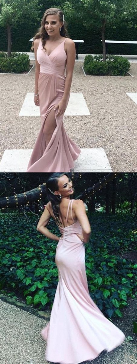 Mermaid V Neck Backless Slit Blush Satin Prom/Evening Dress  cg8355