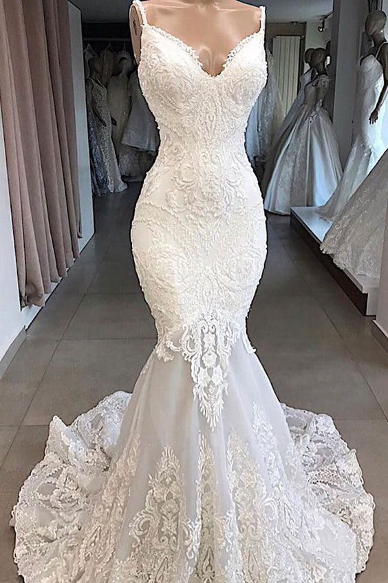 Charming Spaghetti Straps Lace Appliques Tulle Mermaid Wedding prom dress cg8359