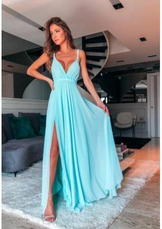 V neck Light Blue A Line Prom Dresses, Sexy Slit Long Evening Dress  cg8360