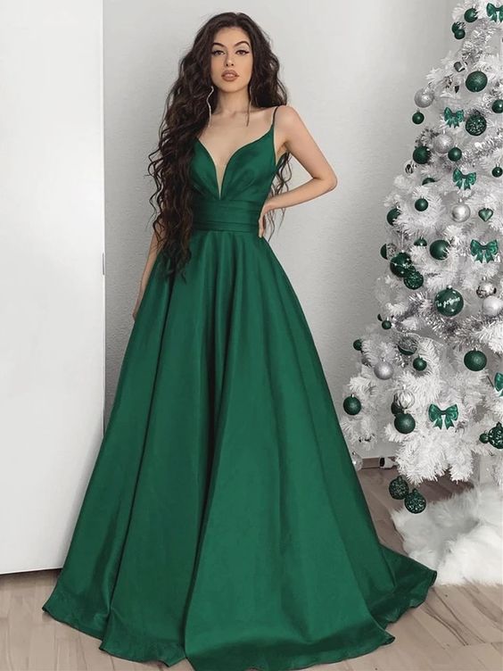 A Line V Neck Emerald Green Long Prom Dresses, Green V Neck Long Formal Evening Dresses  cg8364