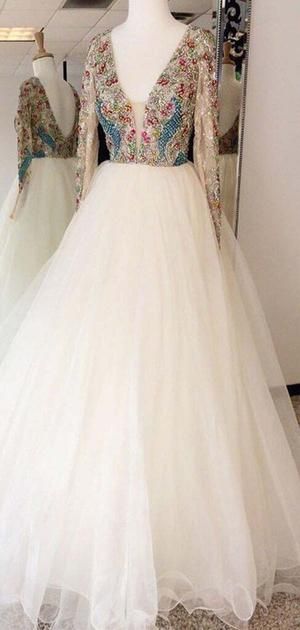 Chic V-Neck Long Sleeves Top Rhinestones Long A-Line Tulle Prom Dresses  cg8373