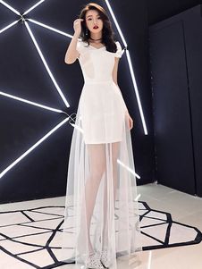 White Prom Dresses Long Illusion Short Sleeve Formal Party Dress   cg8377