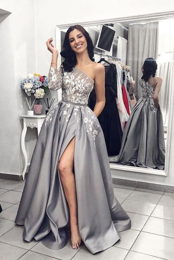 A-Line One Shoulder Open Back Grey Satin Long Prom Dresses with White Appliques Pockets,Formal Party Dresses cg838
