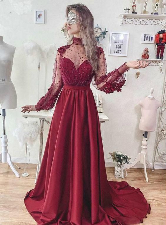 A-Line Burgundy High Neck Long Sleeve Backless Prom Dress  cg8384