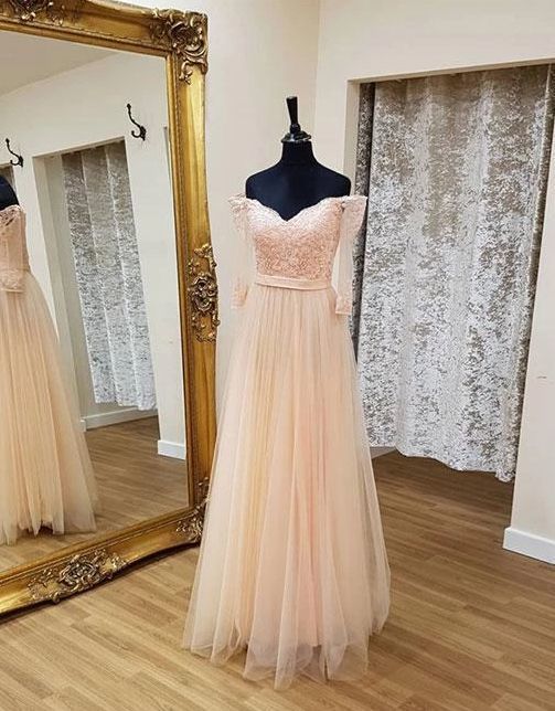 Elegant Pink A Line Tulle Prom Dresses, Appliques Floor Length Long Evening Dress  cg8385