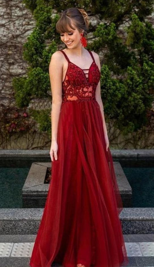 Charming Spaghetti Straps Tulle Appliques Prom Dress, Sleeveless Evening Party Dress  cg8393