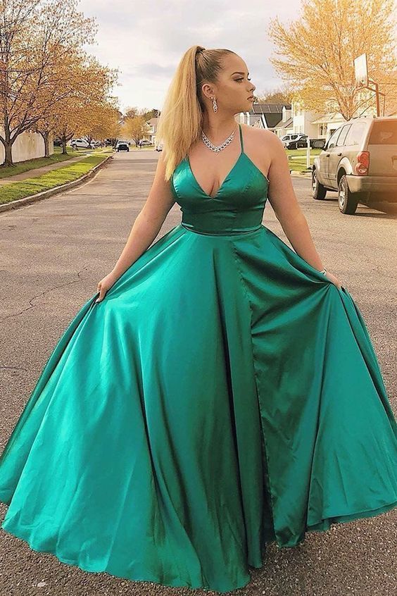 V neck Simple Long Prom Dress, Green Evening Dress  cg8395