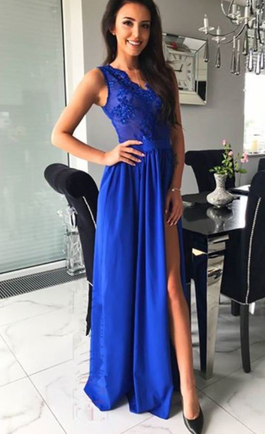 High Slit Royal Blue Long Evening Dress, Appliques Prom Party Gown  cg8402