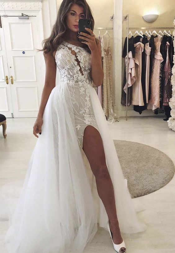 white lace long prom dress, evening dress, formal dress  cg8408