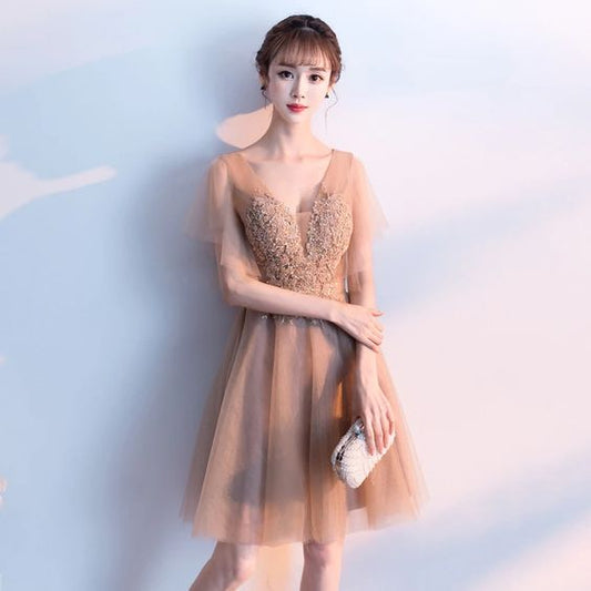 V-neck party dress tulle party dress champagne homecoming dress  cg8428