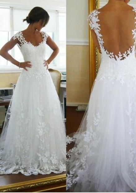A-Line Lace White Straps Wedding Dresses,See-through Sleeveless prom dress   cg8432