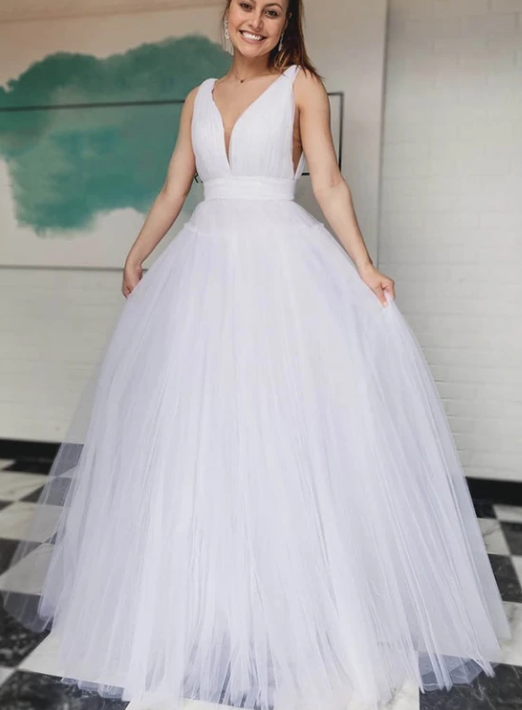 White v neck tulle long prom dress evening dress  cg8434