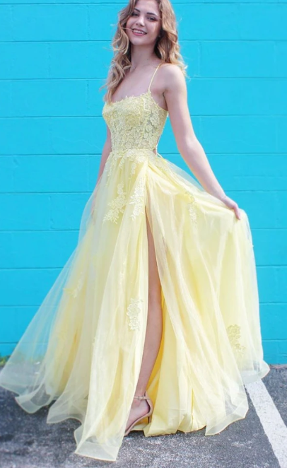YELLOW SWEETHEART TULLE LACE LONG PROM DRESS YELLOW FORMAL DRESS  cg8438