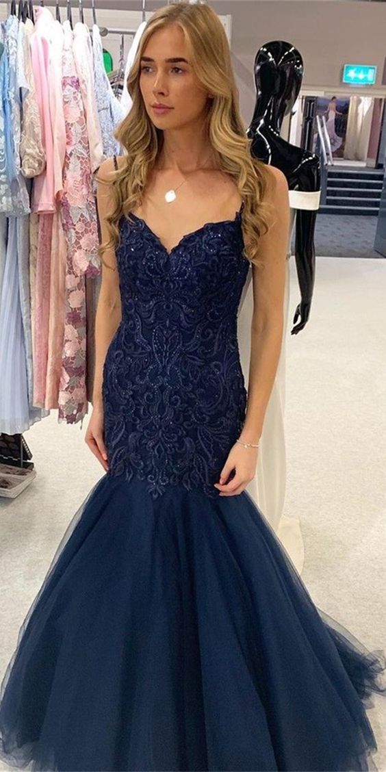 Mermaid Spaghetti V Neck Navy Tulle Beaded Prom Dresses  cg8440