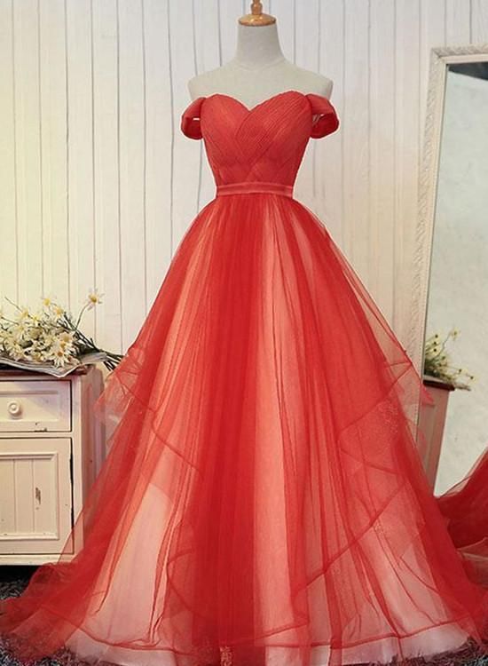Gorgeous Red Tulle Party Gown, Off The Shoulder Formal Dress, Red prom Gown  cg8453