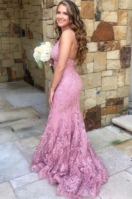V Neck Spaghetti Strap Mermaid Pink Lace Long Prom Dress  cg8466