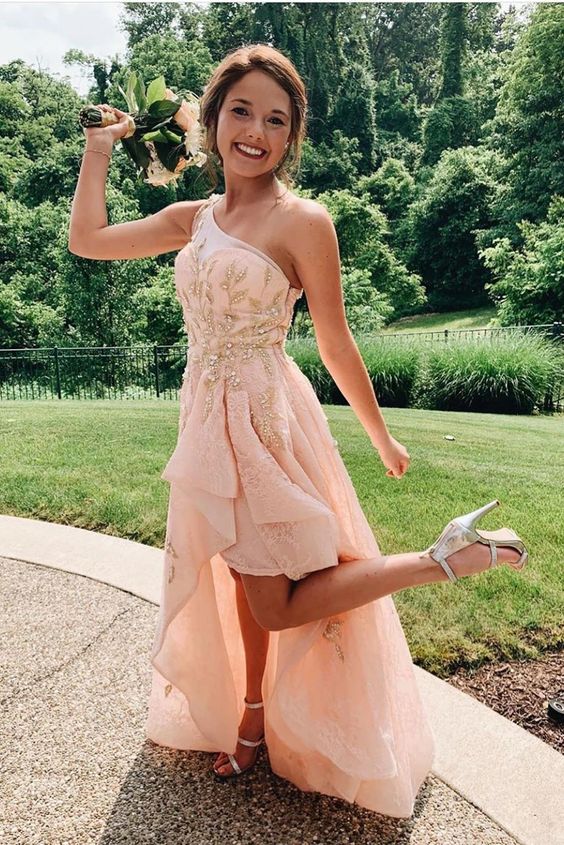 High Low Ruffles One Shoulder Blush Pink Prom Dress with Beads  cg8467