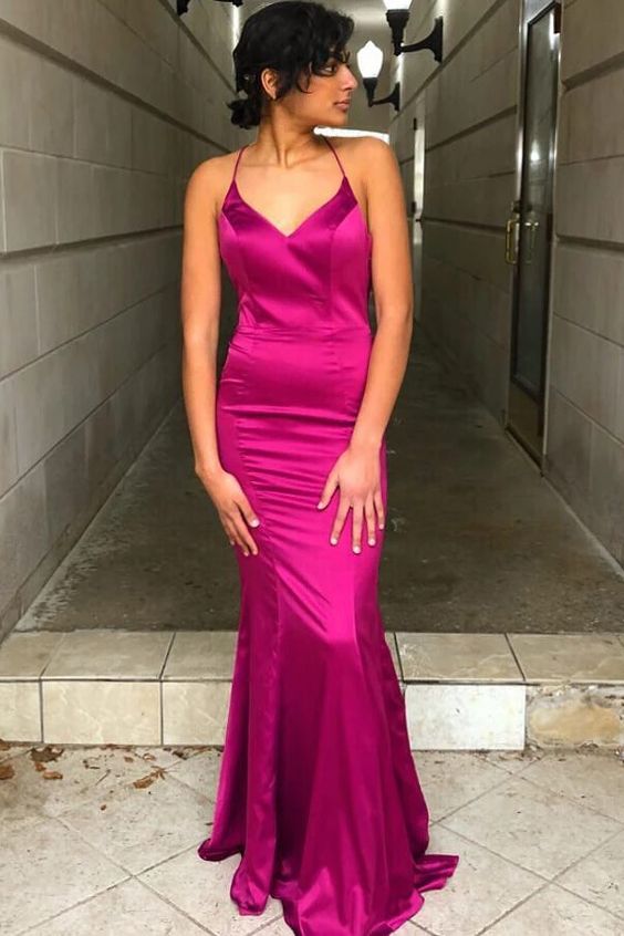 Cowl Back Mermaid Fuchsia Satin Long Prom Dress Spaghetti Strap Prom Dress  cg8469