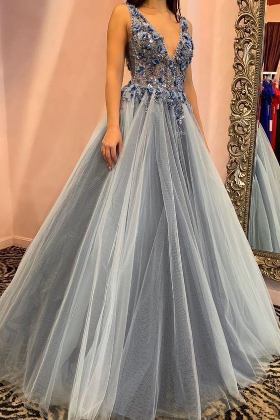 A-line Blue Floral Embellished V-neck Long Formal Prom Dresses  cg8478