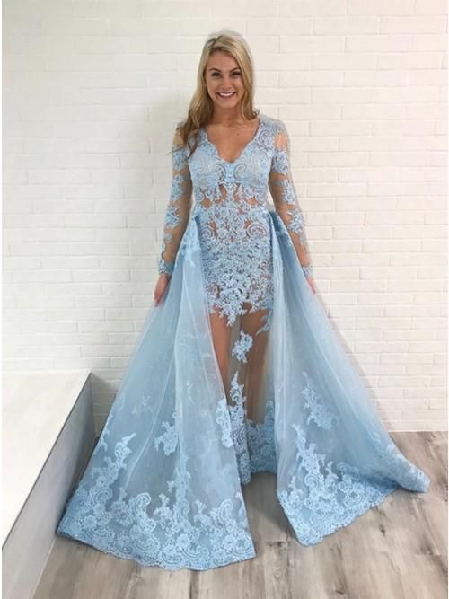 Mermaid V-Neck Long Sleeves Light Blue Organza Overskirt Prom Dress with Appliques  cg8481