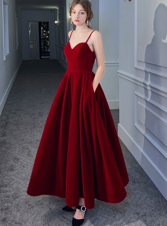 A-Line Burgundy Spagehtti Straps Ankle Length Prom Dress  cg8484