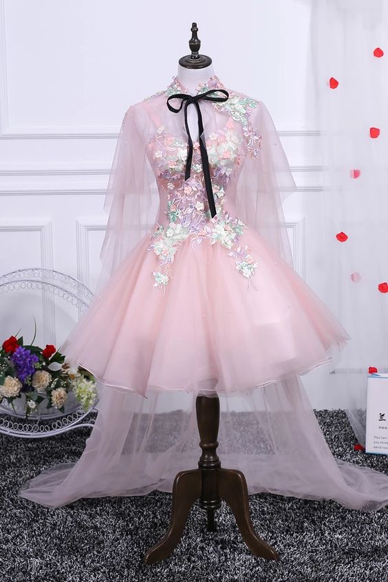 Cute Pink A Line Tulle Off the Shoulder Homecoming Dresses With Flowers   cg8500