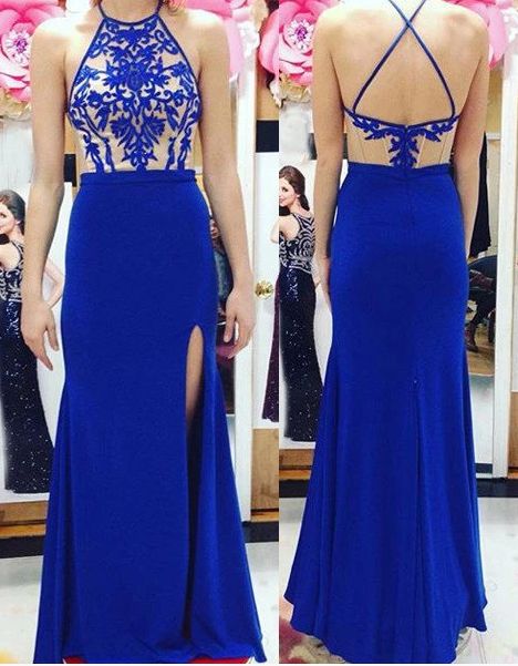 Sexy Royal Blue Slit Mermaid Prom Dresses, Open Back Long Evening Dress  cg8520