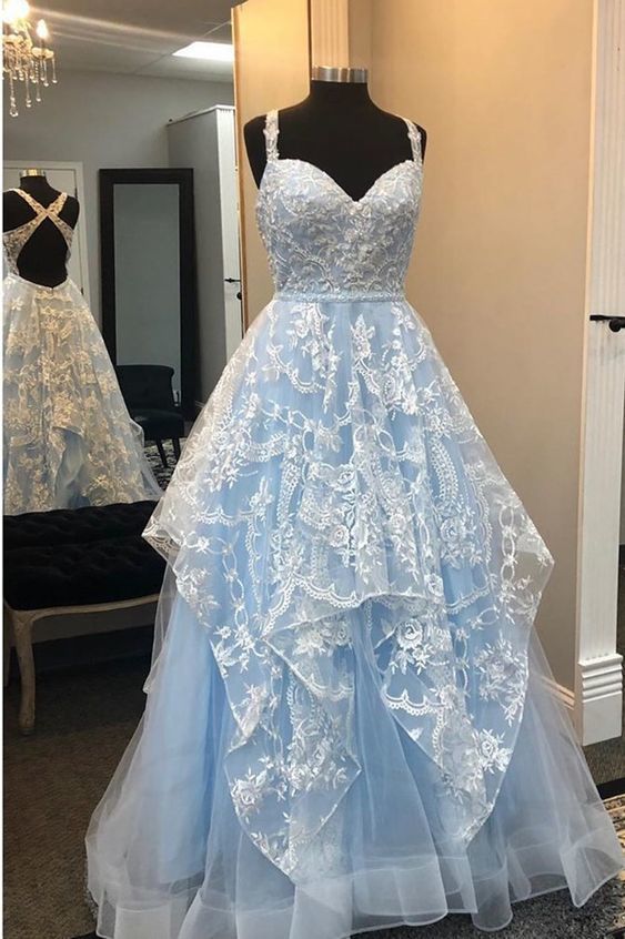 Gorgeous Light Blue and White Lace Long Formal prom Gown  cg8532