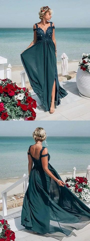 Simple Off Shoulder Lace Dark Green Prom Dresses  cg8533