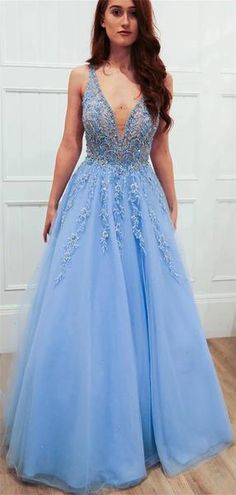 A-line Floor-length Deep V-neck Appliques Backless Long Prom Dresses  cg8546